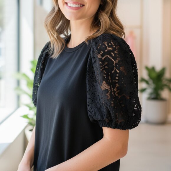 Pomander Place Tops - Pomander Place / Tuckernuck black top with eyelet puff sleeves M